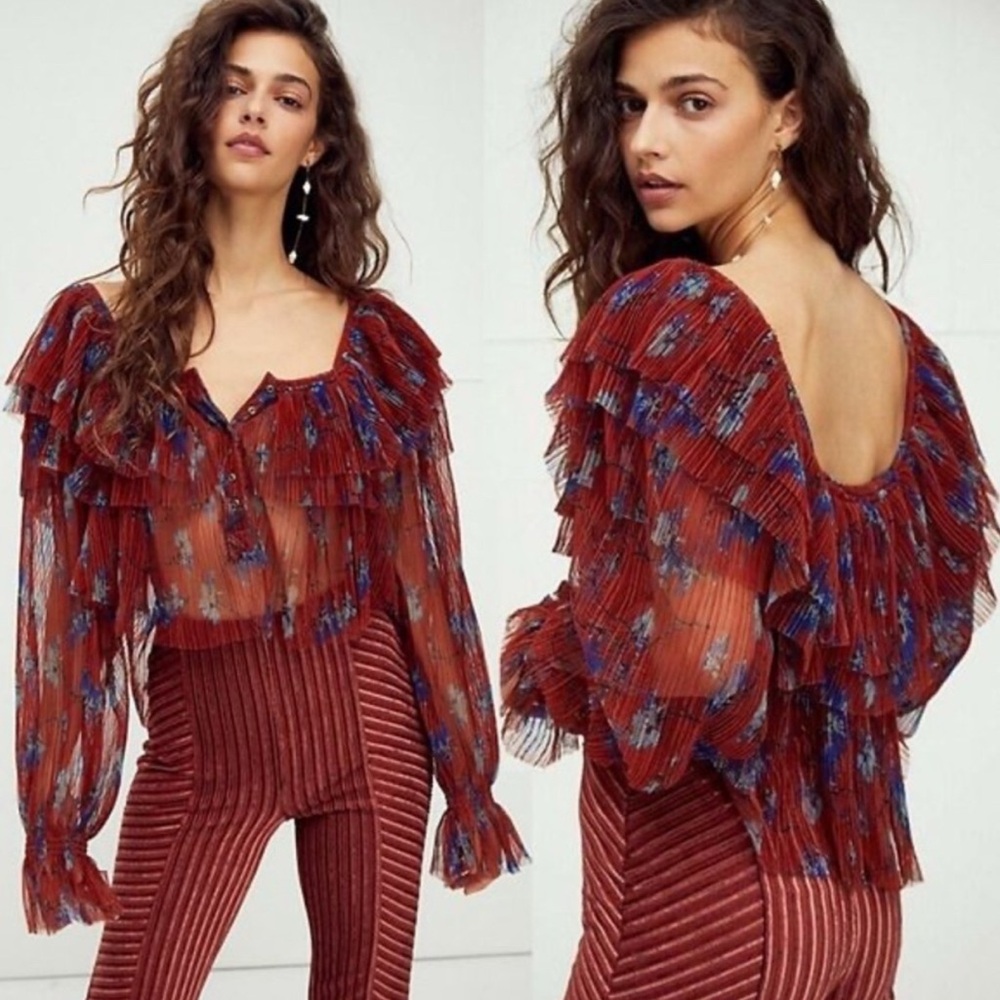 Free People Frills and Thrills Red Floral Blouse XS